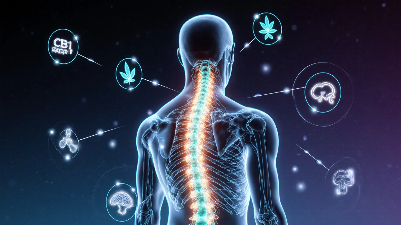 Anatomické zobrazení těla s neonovými CB1/CB2 receptory a CBD molekulami.