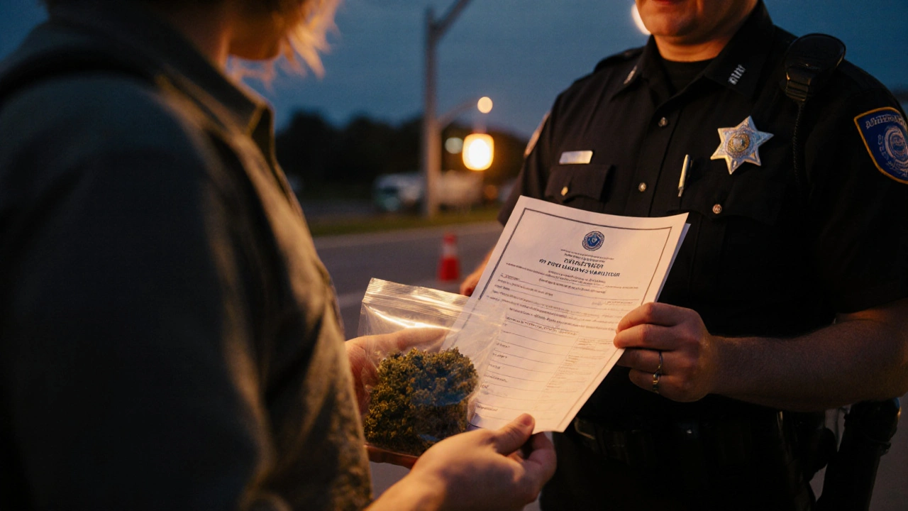 Cestovatel u kontrolního místa ukazuje policistovi certifikát a sáček s CBD květy.
