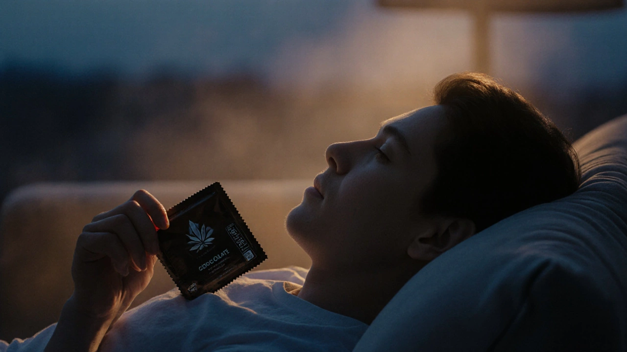 Člověk klidně leží na pohovce s prázdným obalem CBD čokolády ve výhledu na večer.