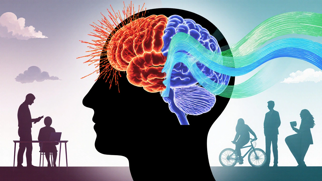 Ilustrace mozku s porovnáním stresu a klidu, symbolizující účinek CBD na nervový systém.