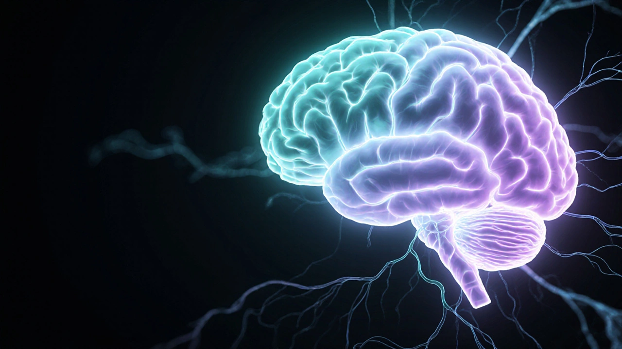 Ilustrace mozku se zvýrazněnými oblastmi hippocampus, prefrontální kůra a amygdala v uklidňujícím světle.