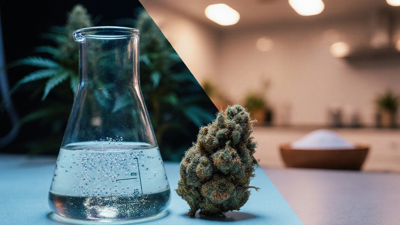 Laboratorní obraz cukrového roztoku vedle sušeného květu konopí s viditelnými trichomy.