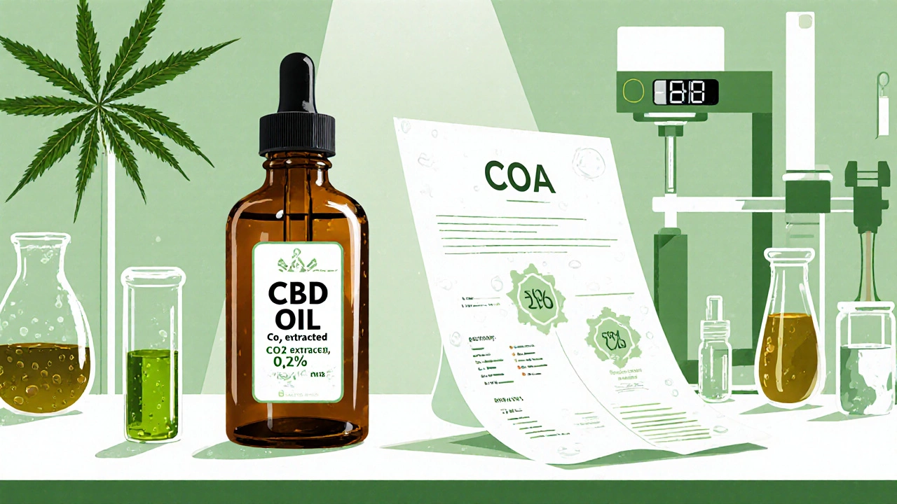 Laboratorní scénář s CBD lahví, certifikátem a organickými konopnými listy.