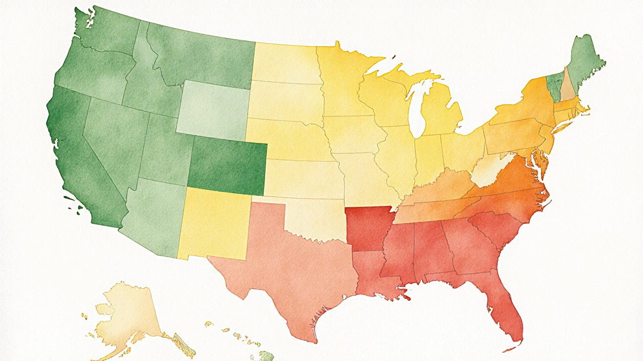 Mapa USA malovaná vodovými barvami, kde státy jsou barevně rozděleny podle legality CBD květu.