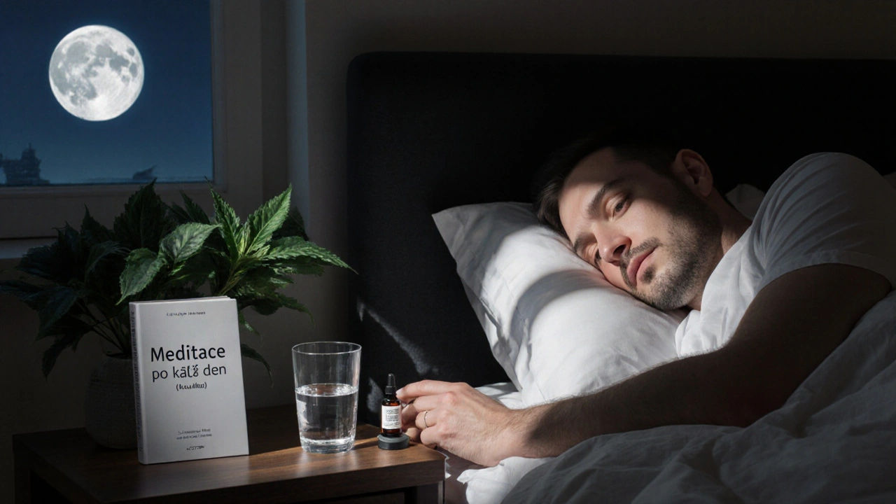 Muž spí v klidné ložnici s látkou CBD vedle postele, měsíční světlo osvětluje pokoj.