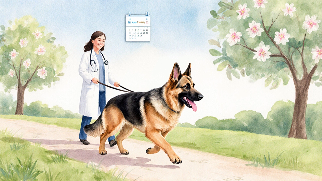 Nesmrtelný německý ovčák běží v parku s veterinářem, vyzařuje zdraví.