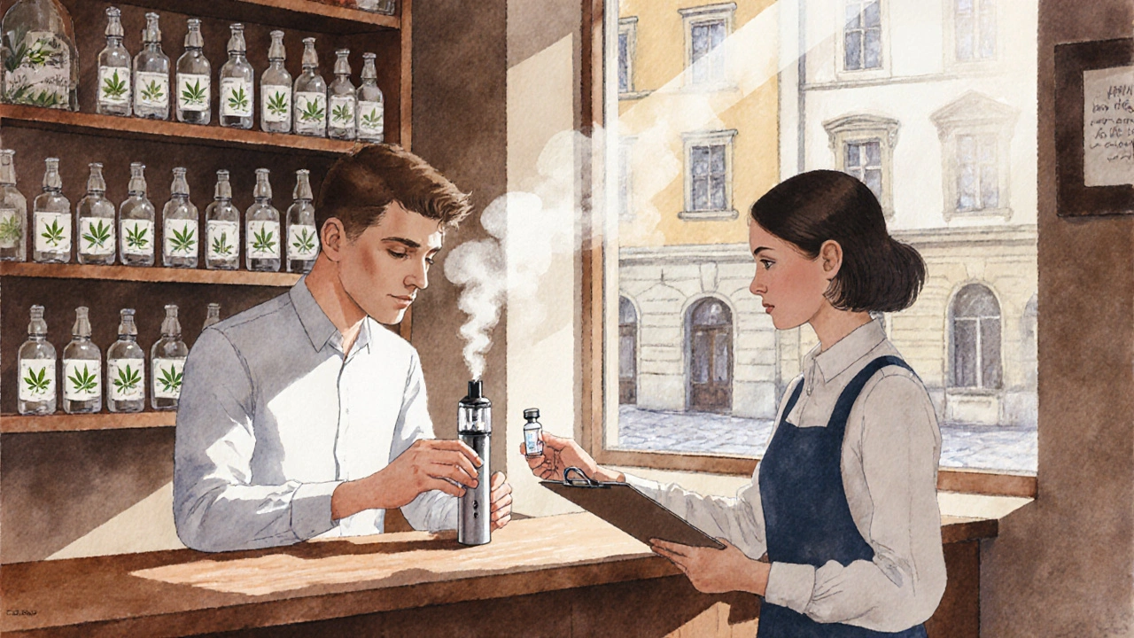 Obchod s vaporizérem a lákavým balením, české ulice v pozadí.