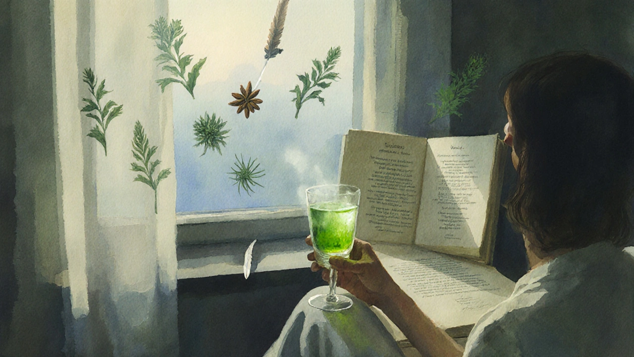 Osoba drží sklenici absintu při světle rána, za ní kniha a byliny.