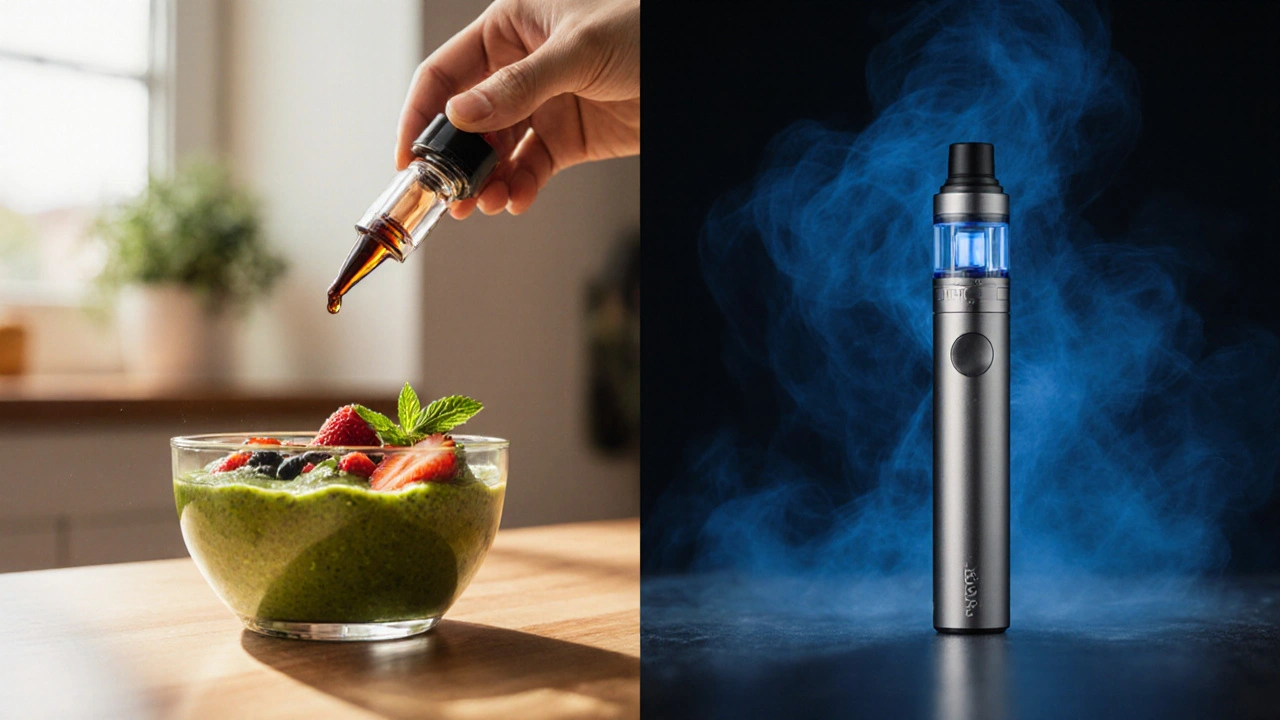 Osoba přidává CBG olej do smoothie a používá HHC vape v útulném interiéru.