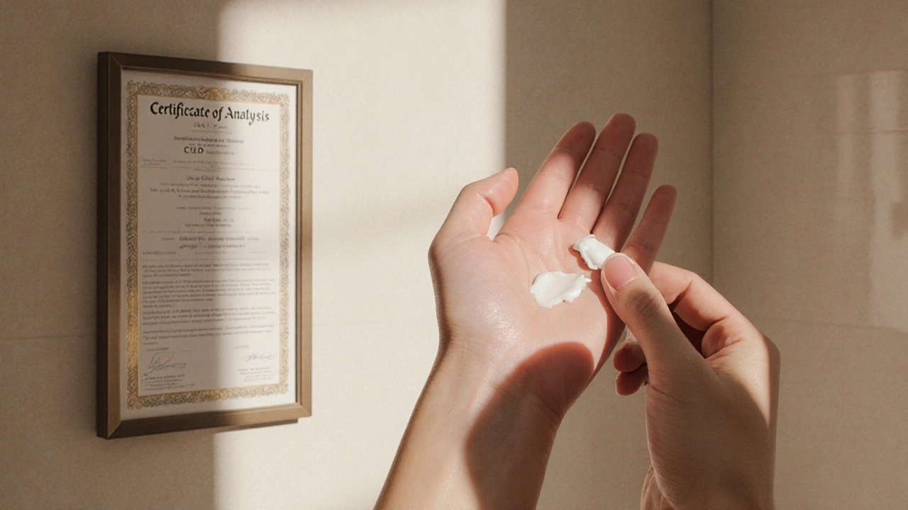 Osoba testuje CBD krém na zápěstí, vedle certifikát analýzy a klidná pokožka.
