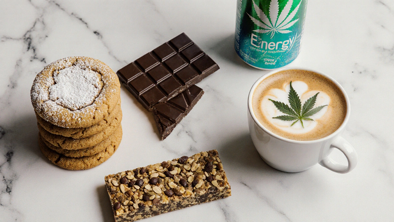 Pět edibles – sušenky, čokoláda, energetický nápoj, müsli bar a káva s konopím – uspořádaných na mramorovém stole.