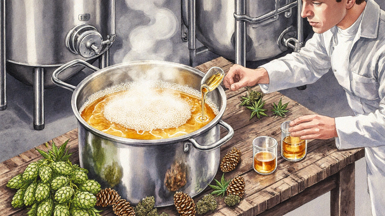 Pivovarská scéna s varnou konvicí, chmelovými šiškami a konopnými květy při infuzi piva.