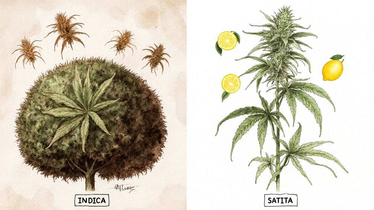 Porovnání rostlin Indica a Sativa s ikonami terpénů myrcen a limonén.