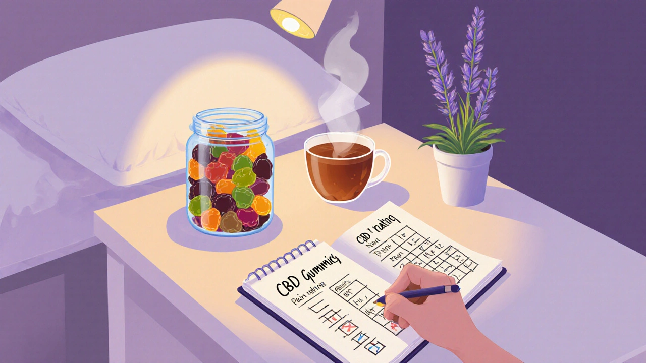 Postelový stolek s skleněnou nádobou CBD gummies, otevřeným poznámkovým blokem a čajem.