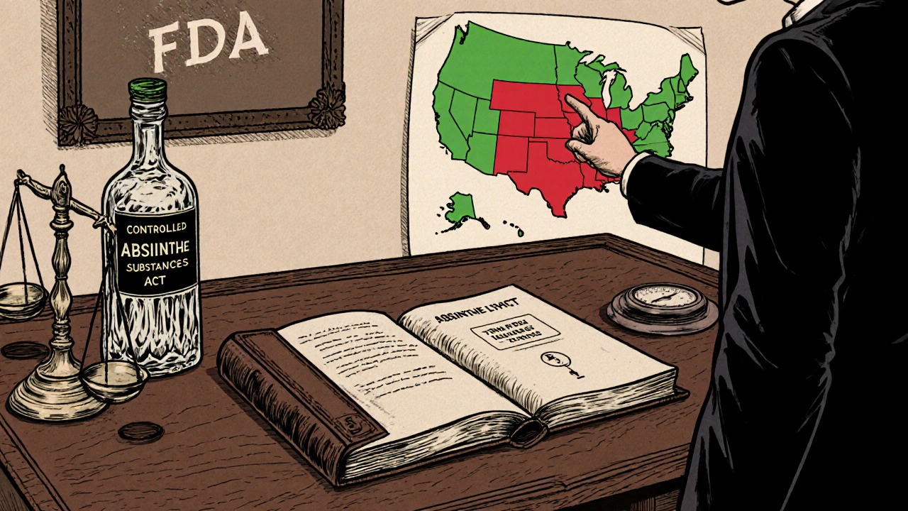Právnická kancelář s knihou zákona, láhvou absintu, váhami a mapou USA v pozadí.