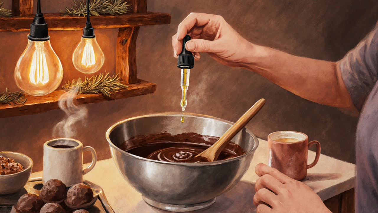 Příprava CBD čokoládových truffle v útulné kuchyni s rozpuštěnou čokoládou.