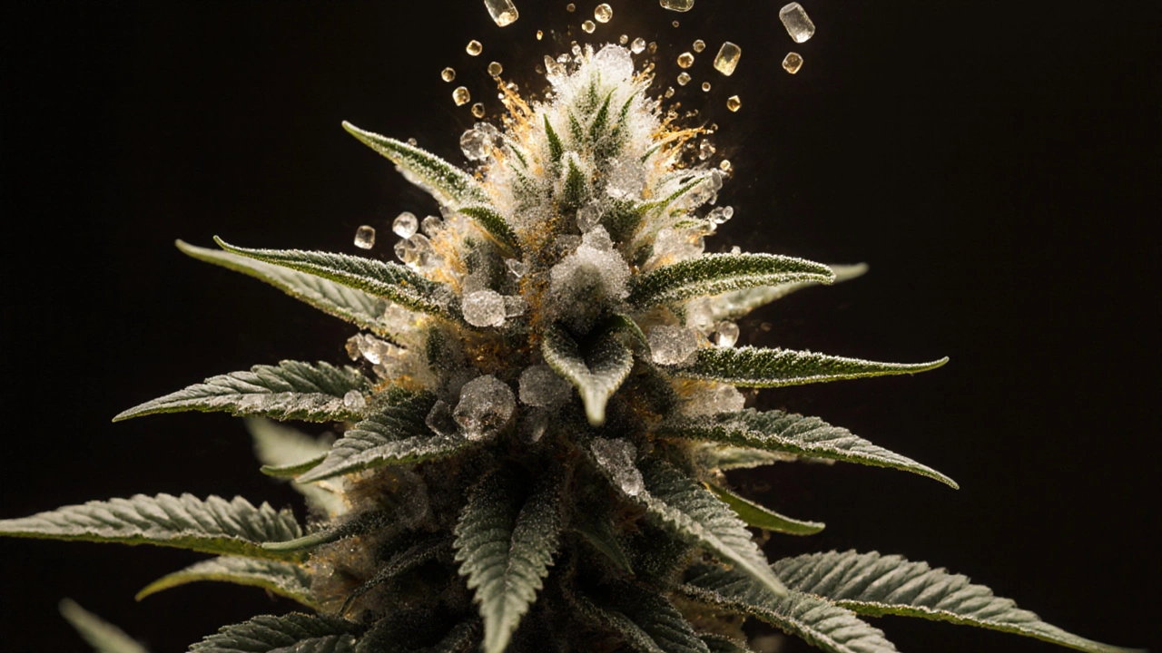 Rostlina konopí s zlatými cukrovými částicemi proudícími do květů, symbolizujícími přírodní cukry.