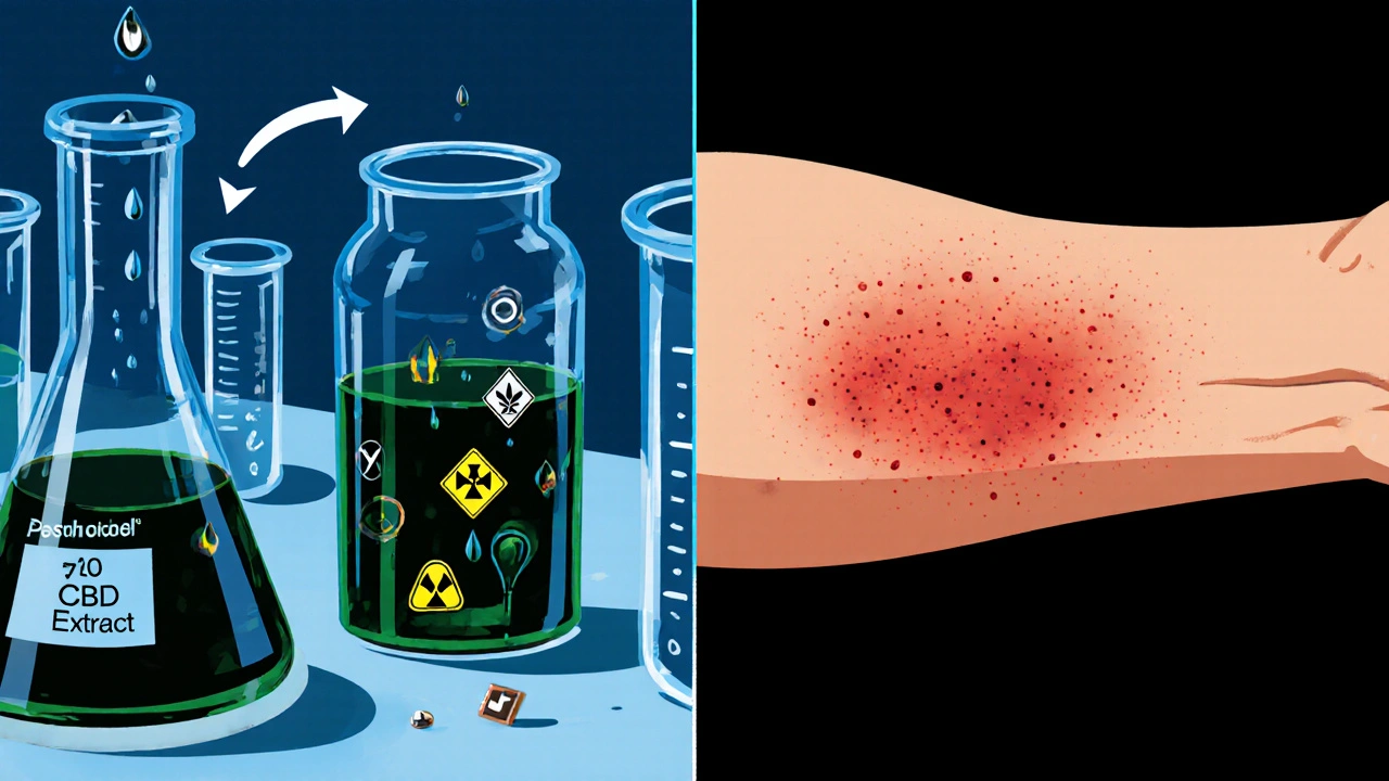 Rozdělená scéna ukazující kontaminovaný extrakt a červenou kožní reakci na podráždění.