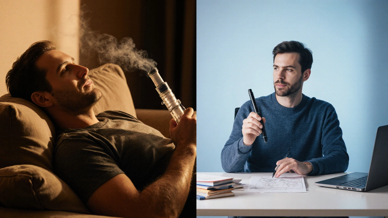 Rozdělená scéna: uvolněná osoba na gauči vs. soustředěná při tvorbě.