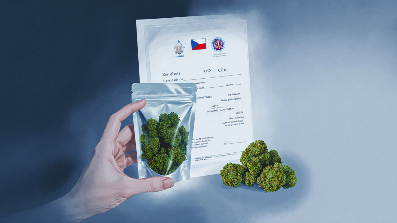 Ruka drží balíček CBD květu vedle certifikátu COA a českého motivu.