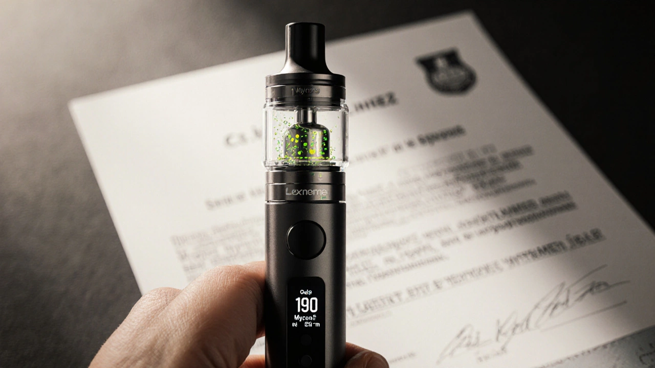 Ruka drží vaporizér nastavený na 190 °C, vedle právního dokumentu.