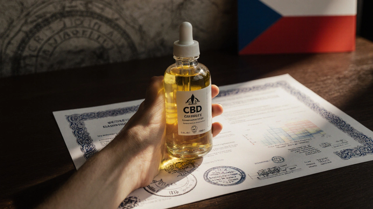 Ruka s CBD olejem a nečitelné laboratorní certifikáty na dřevěném stole.