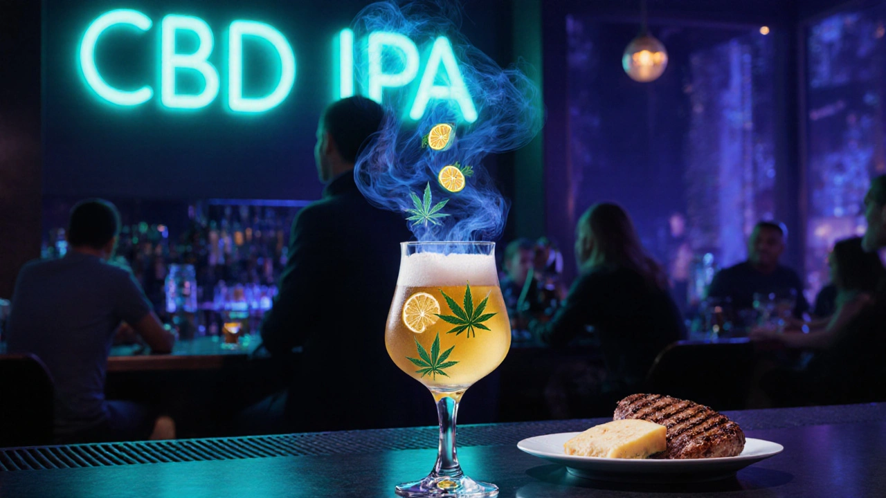 Sklenice tulipánové sklenice s konopným IPA, citrusovým kouřem a neonovým nápisem v moderním baru.