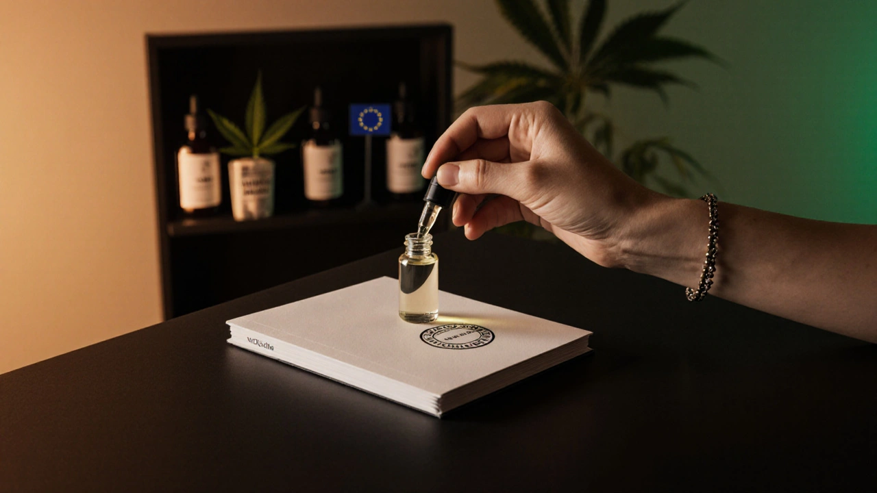 Stylová scénka s kapátkem mikrodávky THCP a náznakem legálního kontextu.