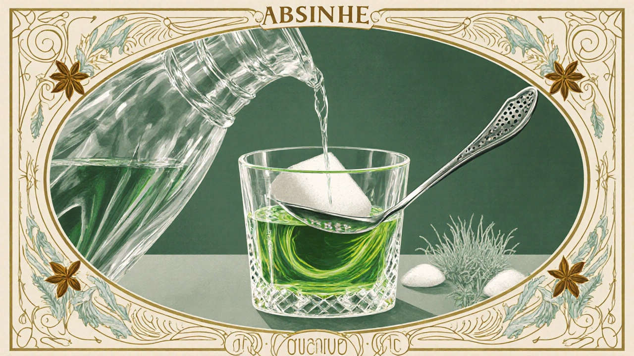 Tradiční podávání absintu: lžička s cukrem, vodní kapka a zelený nápoj ve sklenici.