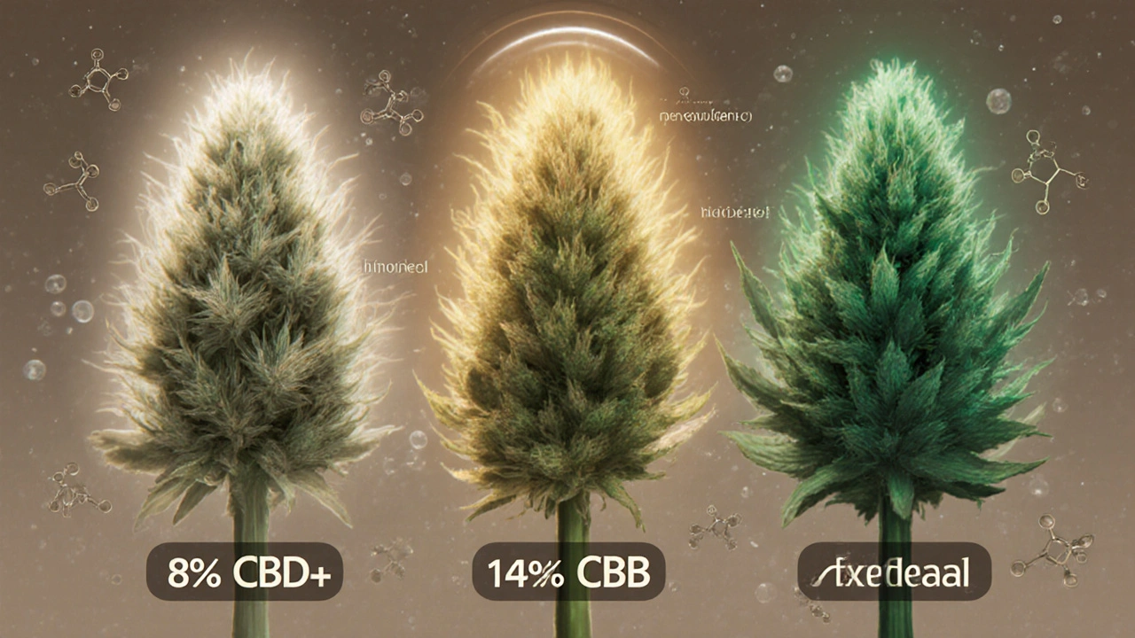 Tři druhy konopných květů s různým obsahem CBD a přírodními molekulami v okolí.