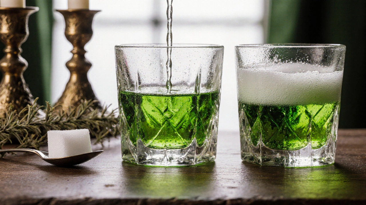 Tři sklenice absintu s cukrem, lžící a vodou na dřevěné tabuli.