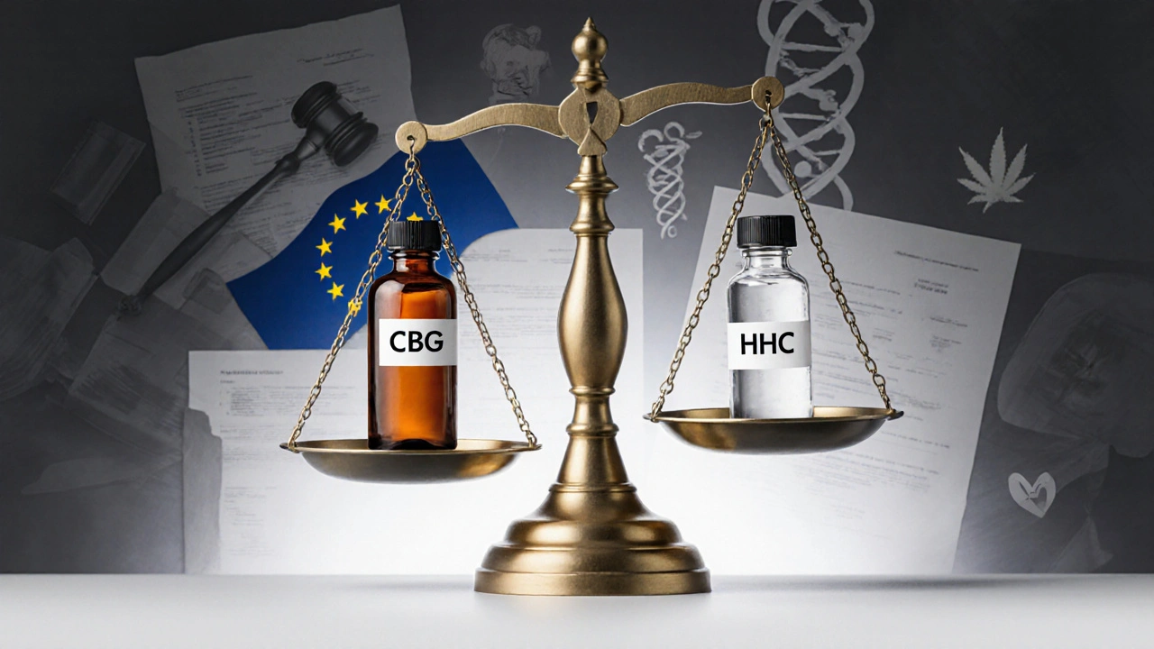 Váhy s lahvemi CBG a HHC, právní a zdravotní symboly v pozadí.