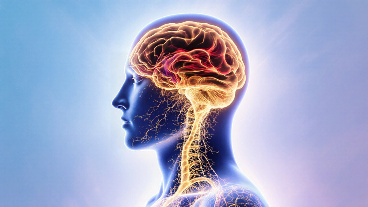 Abstraktní obrázek těla s energií vyrovnávající stres a klid.