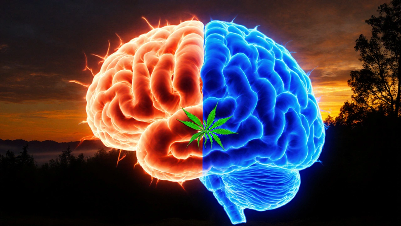 Abstraktní znázornění mozku s aktivací dopaminu (THCV) a klidem (CBD) při východu slunce.