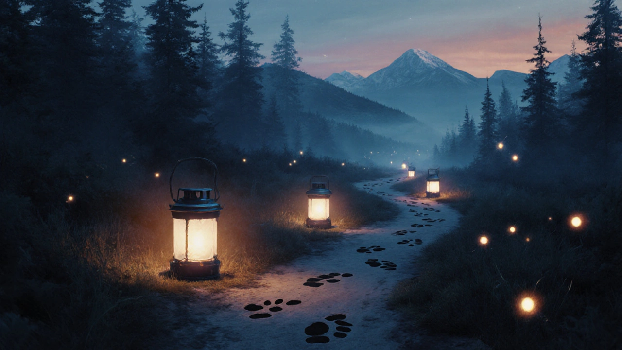 Cesta lesem s dvěma světly — jasným lanterna pro HHC a jemnými světélky pro delta 8.