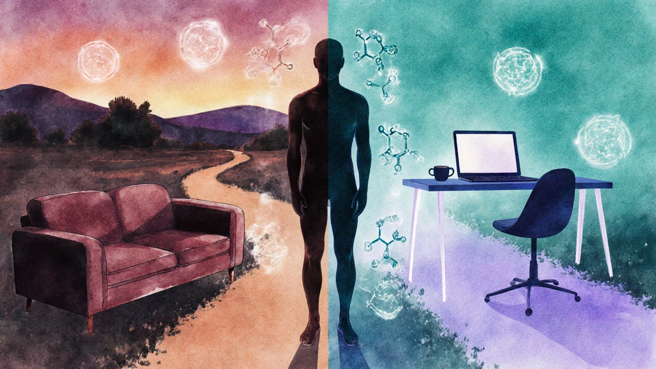 Člověk rozdělený na dvě části: jedna těžká a uvolněná, druhá jasná a funkční.