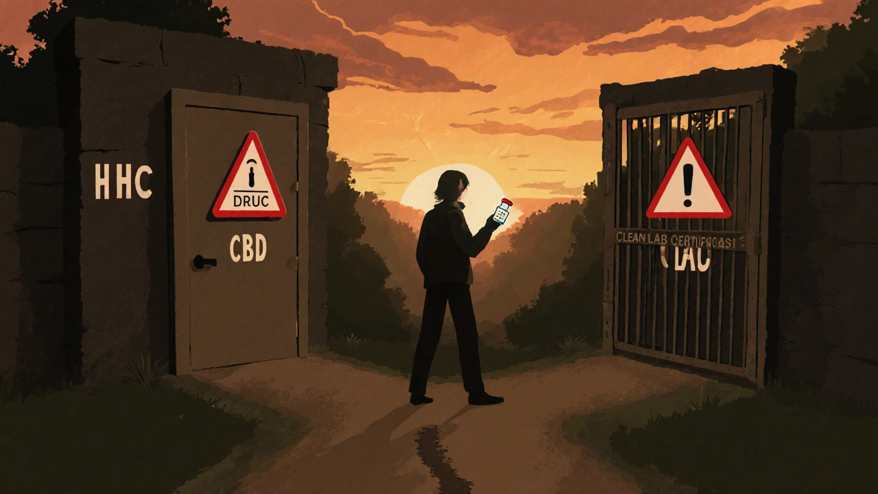 Člověk stojí na křižovatce mezi cestou HHC a CBD, jedna cesta vede k zamyčenému vstupu, druhá k otevřenému výstupu.