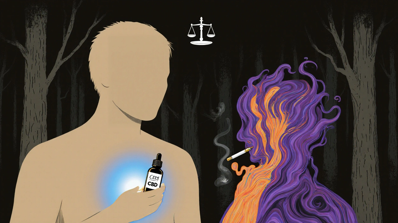 Dva lidské siluety: jedna klidná s modrým světlem, druhá s vířivými barvami marihuány