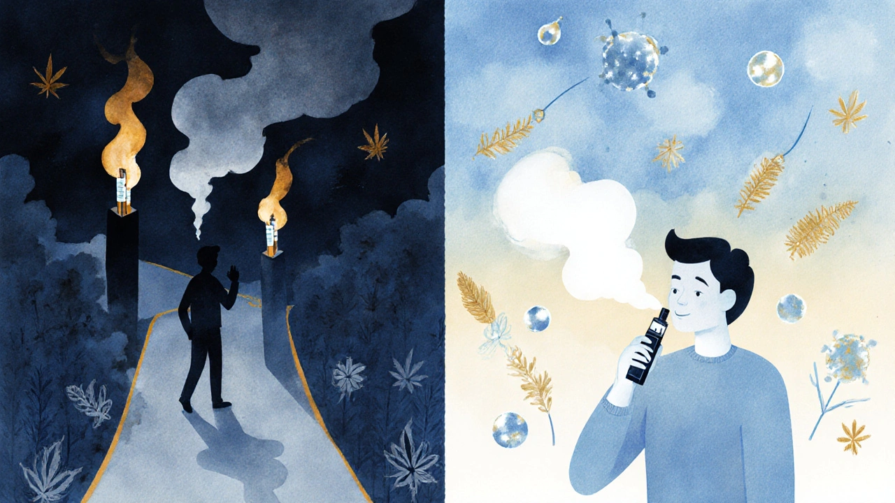 Dvě cesty: jedna tmavá s cigaretami, druhá světlá s CBD vape a klidnou osobou.