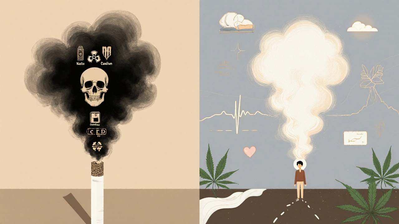 Dvě cesty: zleva kouř z cigaret s toxiny, zprava klidný kouř CBD s přírodními prvky.