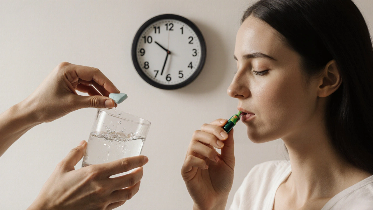 Dvě ruce: jedna bere ibuprofen, druhá CBD kapsli, symbolizující rychlou a dlouhodobou úlevu.