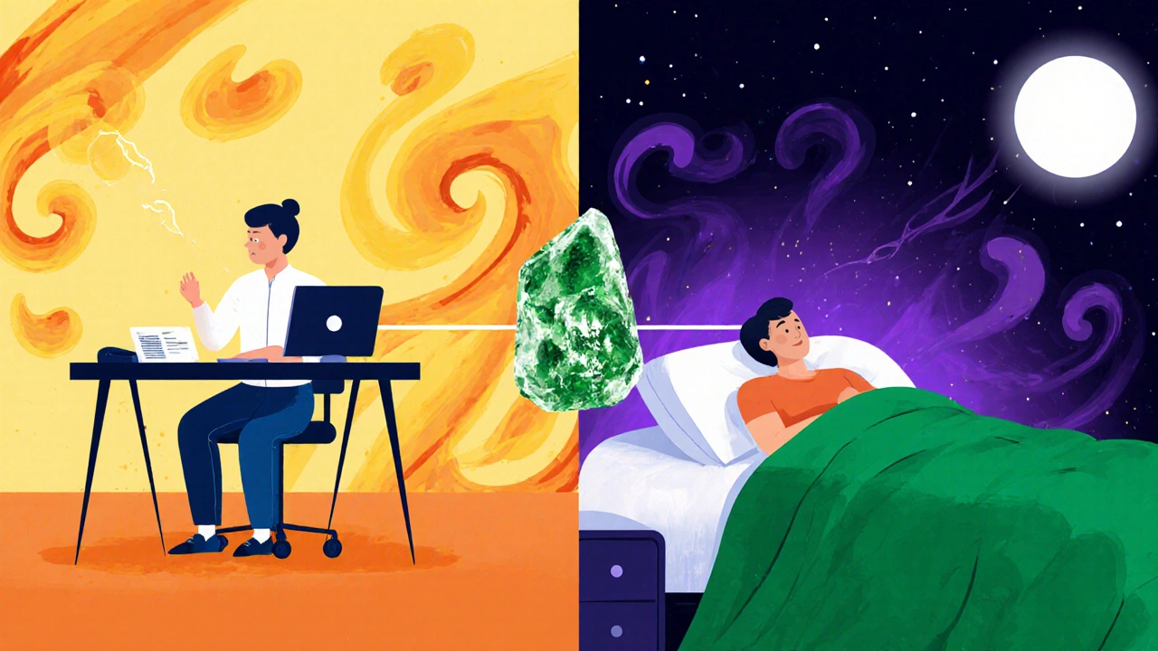 Dvě scény: energie dne a klid večera spojené CBD shatterem, symbolizující denní rytmus.