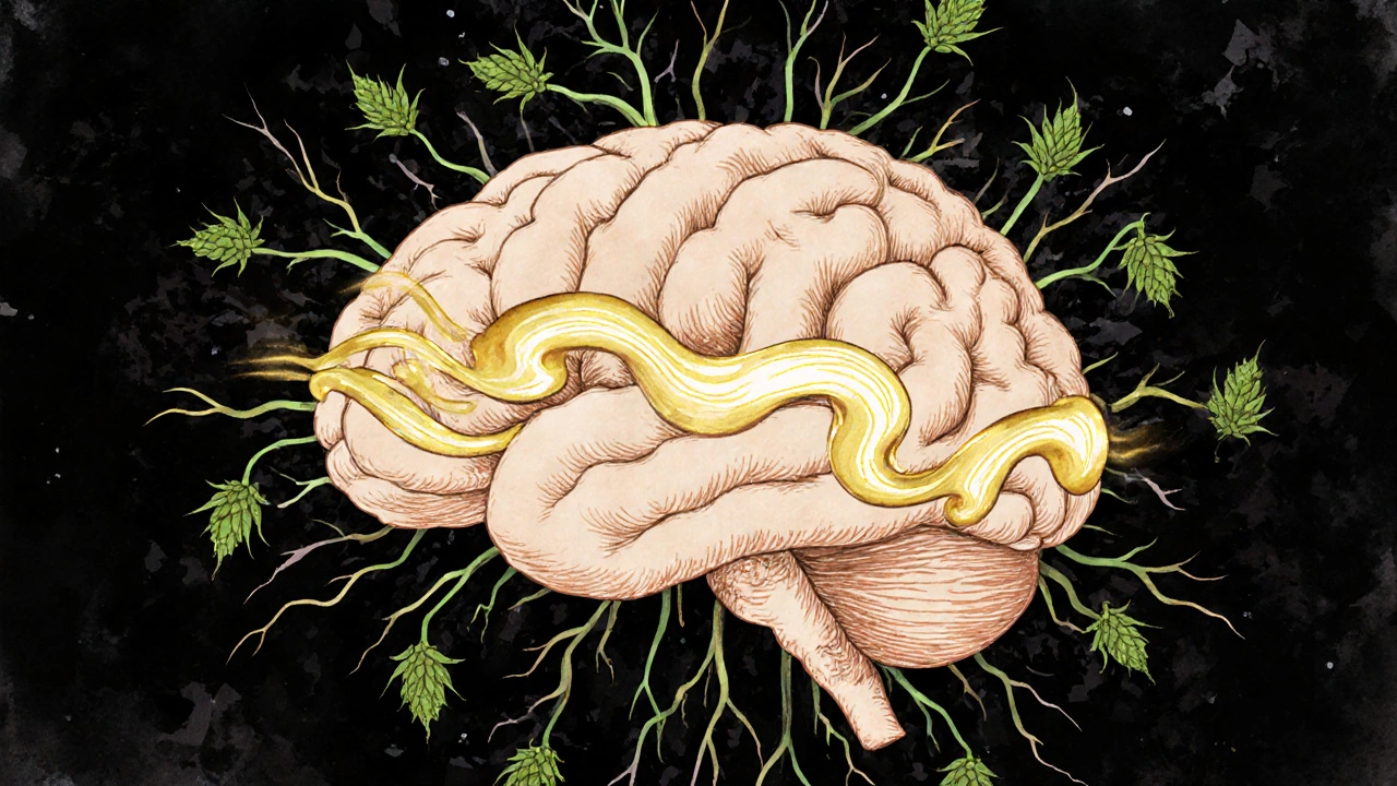 Ilustrace lidského mozku s zlatými vlnami symbolizujícími uklidňující účinek CBD.