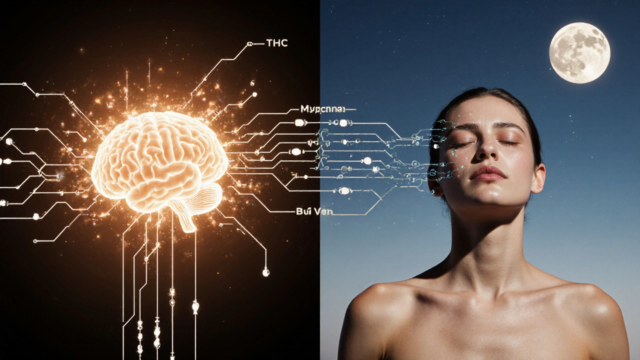 Kontrast mezi psychoaktivním THC a klidným účinkem myrcenu na tělo.