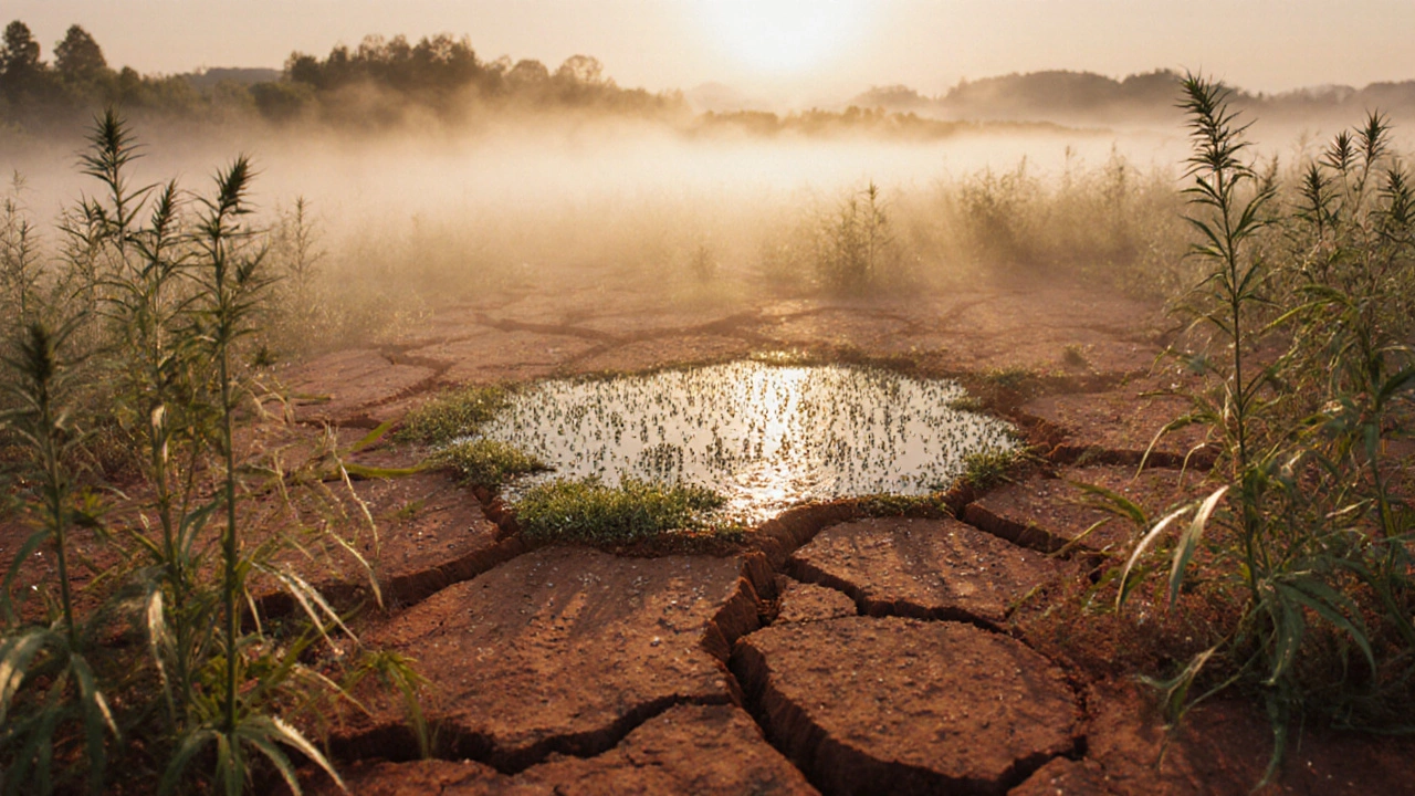 Krajina s konopím a zdravou kůží vznikající z poškozeného terénu.