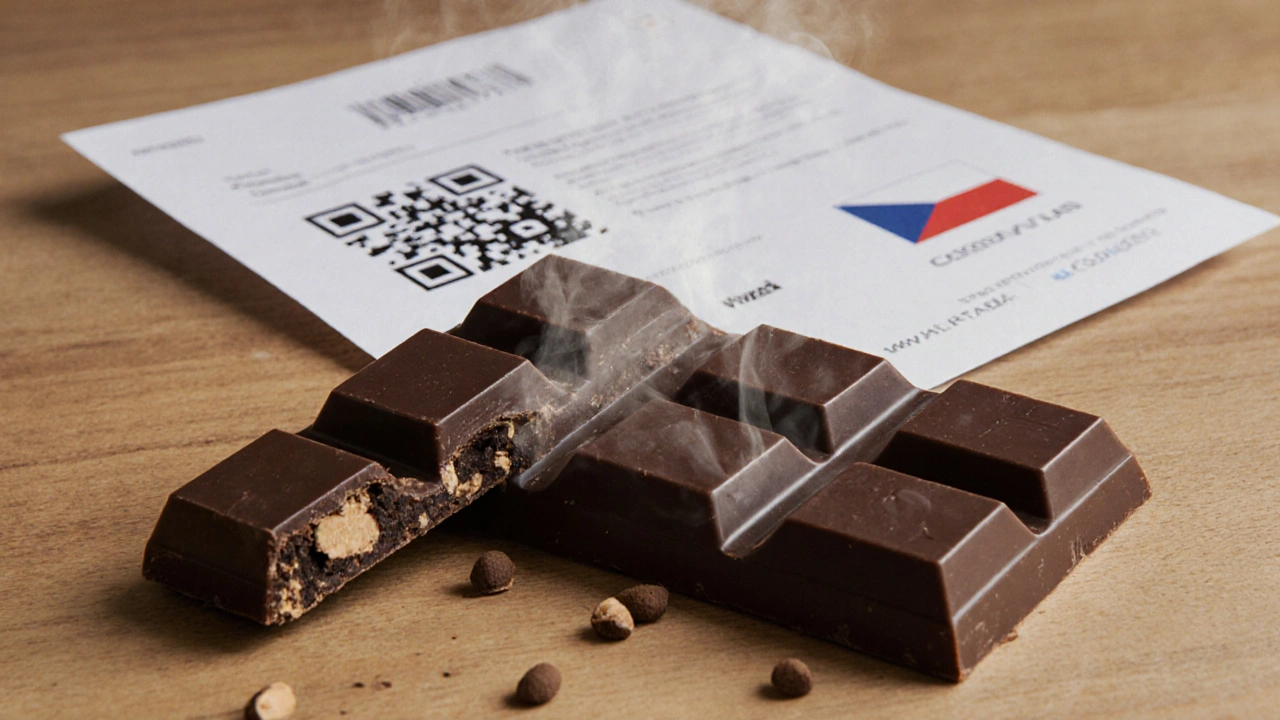 Kvalitní CBD čokoláda na dřevěném stole s laboratorním výsledkem na pozadí.