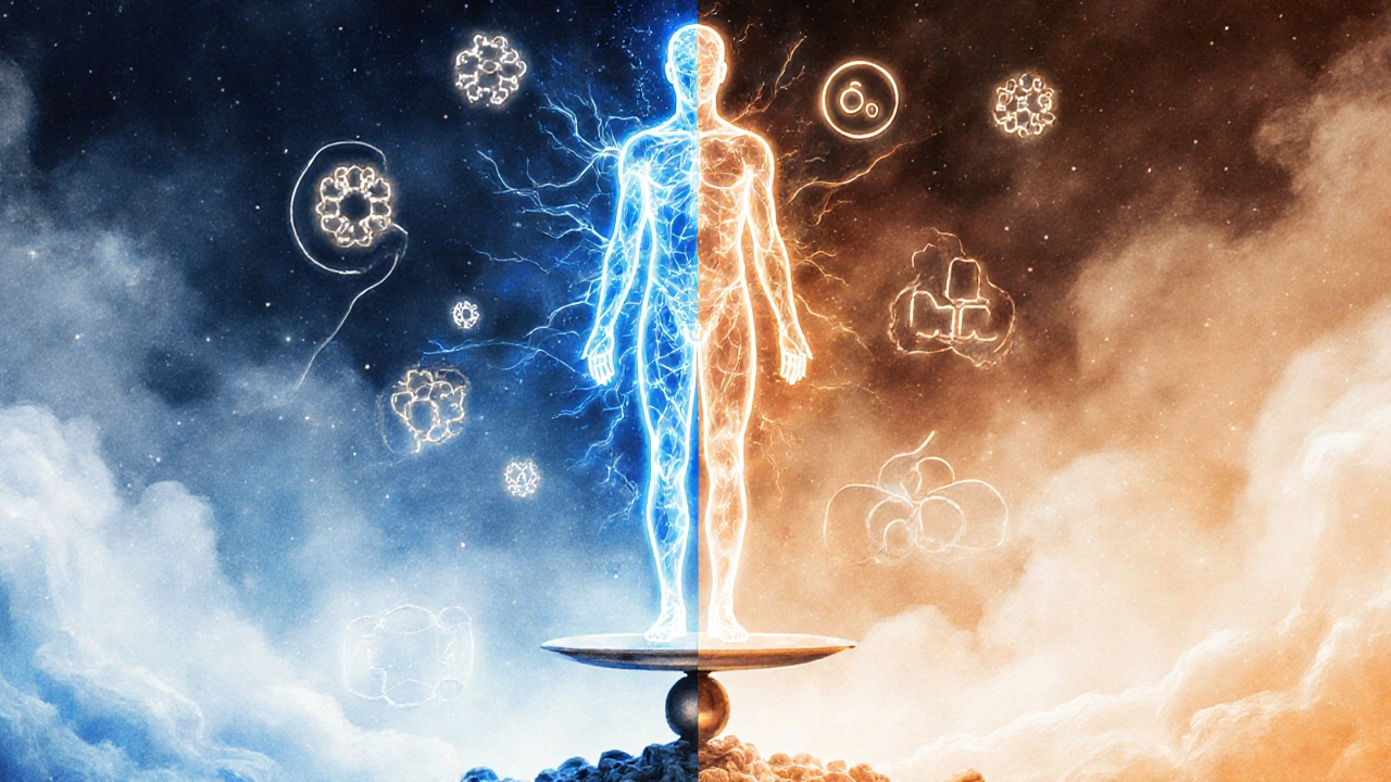 Lidská silueta s HHC v modrém a delta 8 v oranžovém světle, molekulární struktury ve vzduchu.