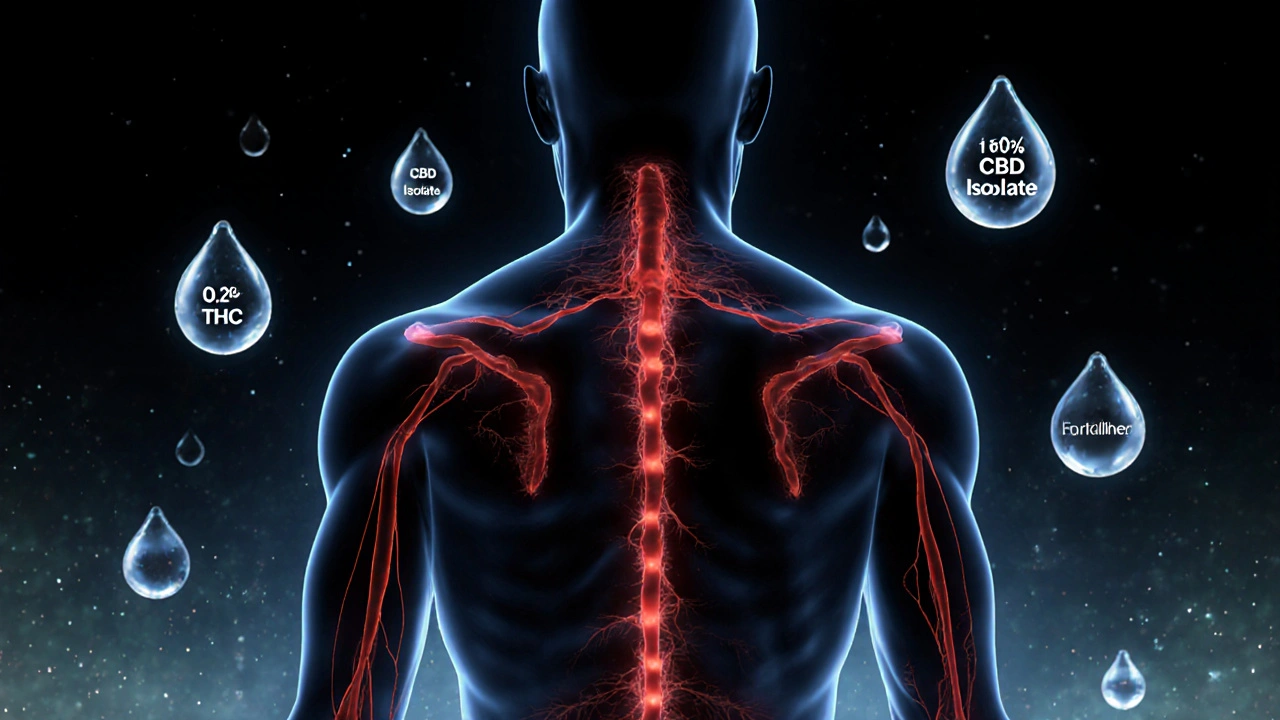Lidský silueta s červenými žilami symbolizujícími hromadění THC v tukové tkáni, kolem ní kapky s označením THC.