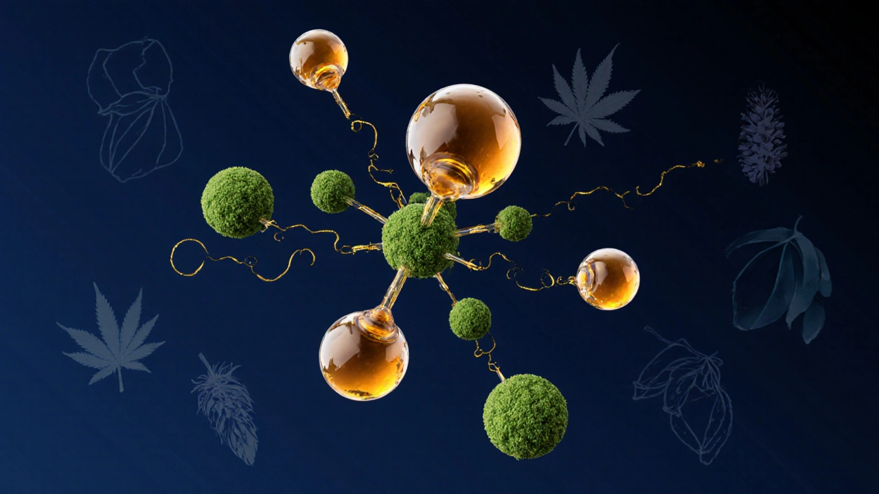 Molekulární ilustrace myrcenu a CBD společně působících v těle.