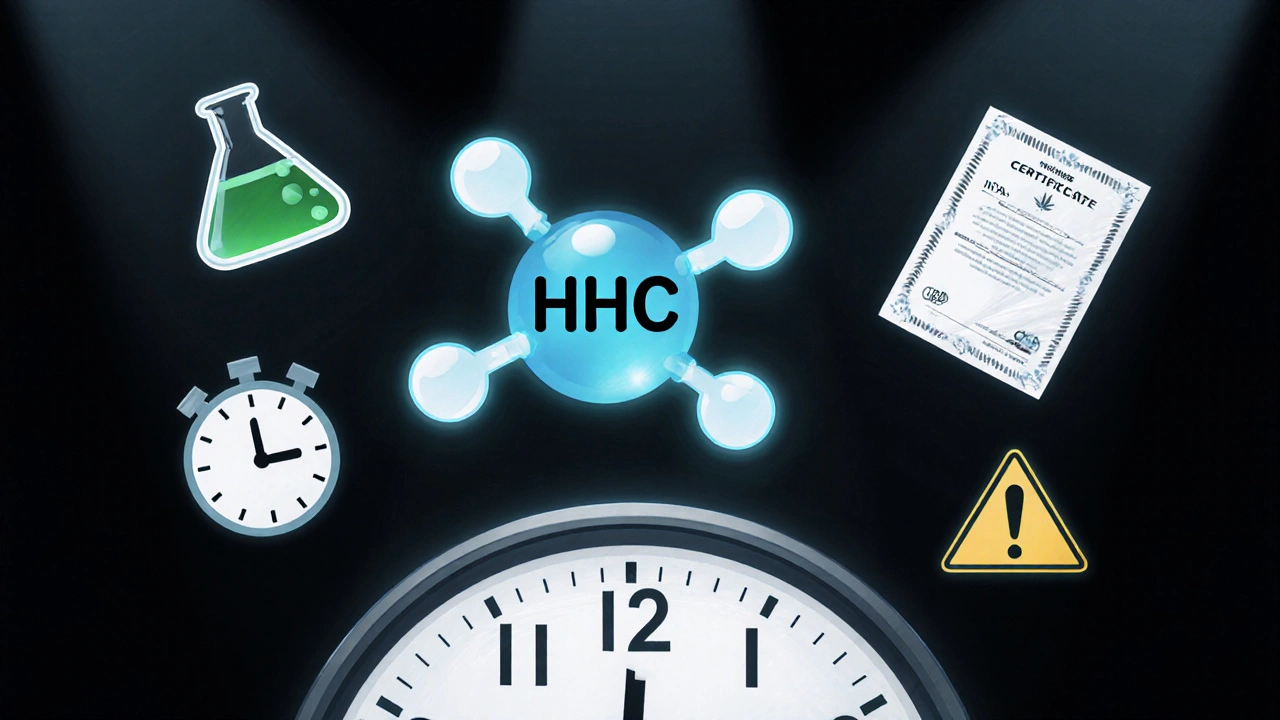 Molekulární struktura HHC nad hodinami s ikonami laboratoře a varování.